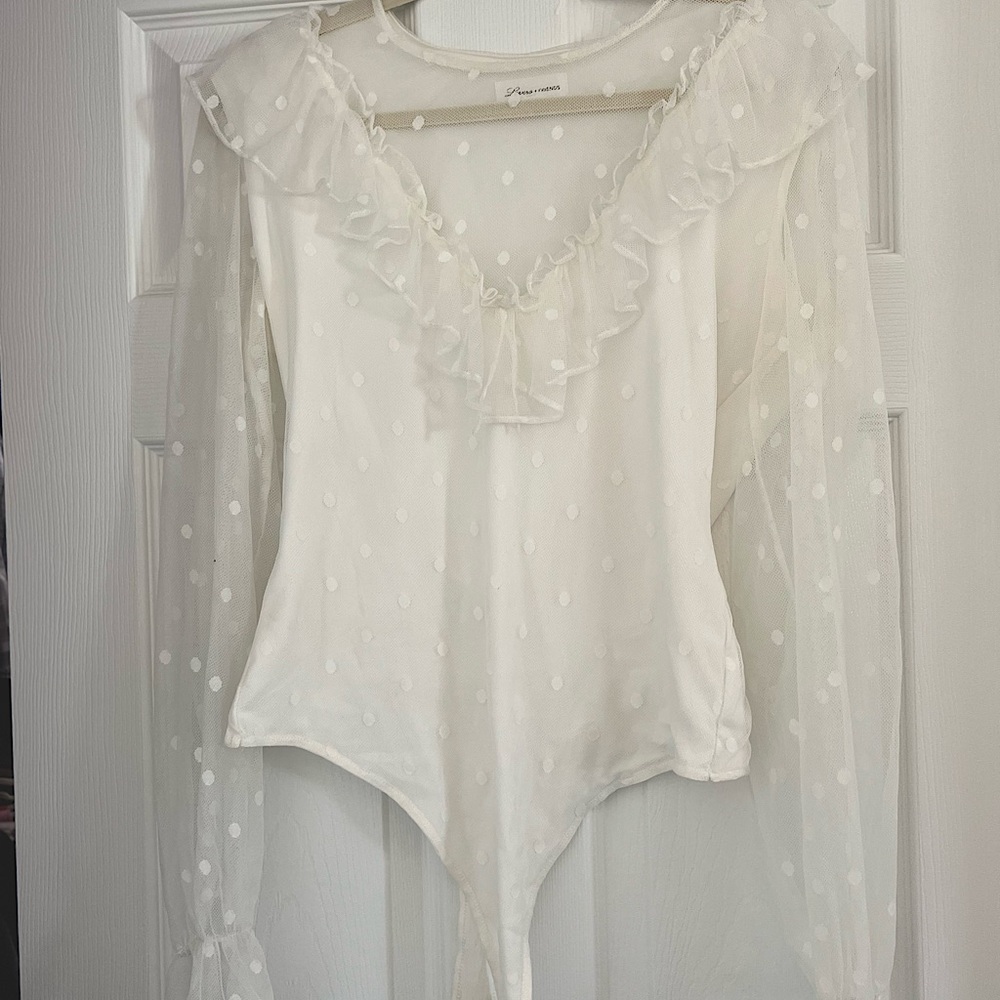 **Lovers + Friends White Polka Dot Mesh Bodysuit - Size L**